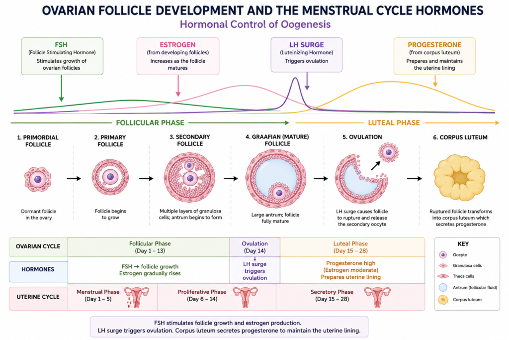 Gametogenesis Explained: Spermatogenesis vs Oogenesis (Complete Guide with Differences) | Zoologyverse Diagram of ovarian follicle development and hormone changes during the menstrual cycle