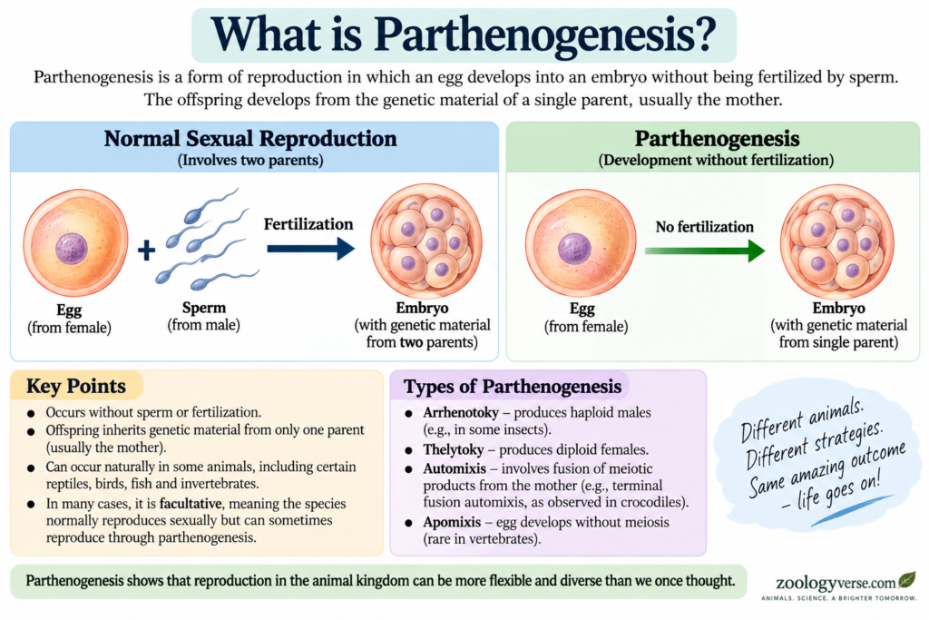 Parthenogenesis in Crocodiles: The Real Story Behind a Virgin Birth | Zoologyverse Diagram explaining parthenogenesis and comparing sexual reproduction with development from an unfertilized egg