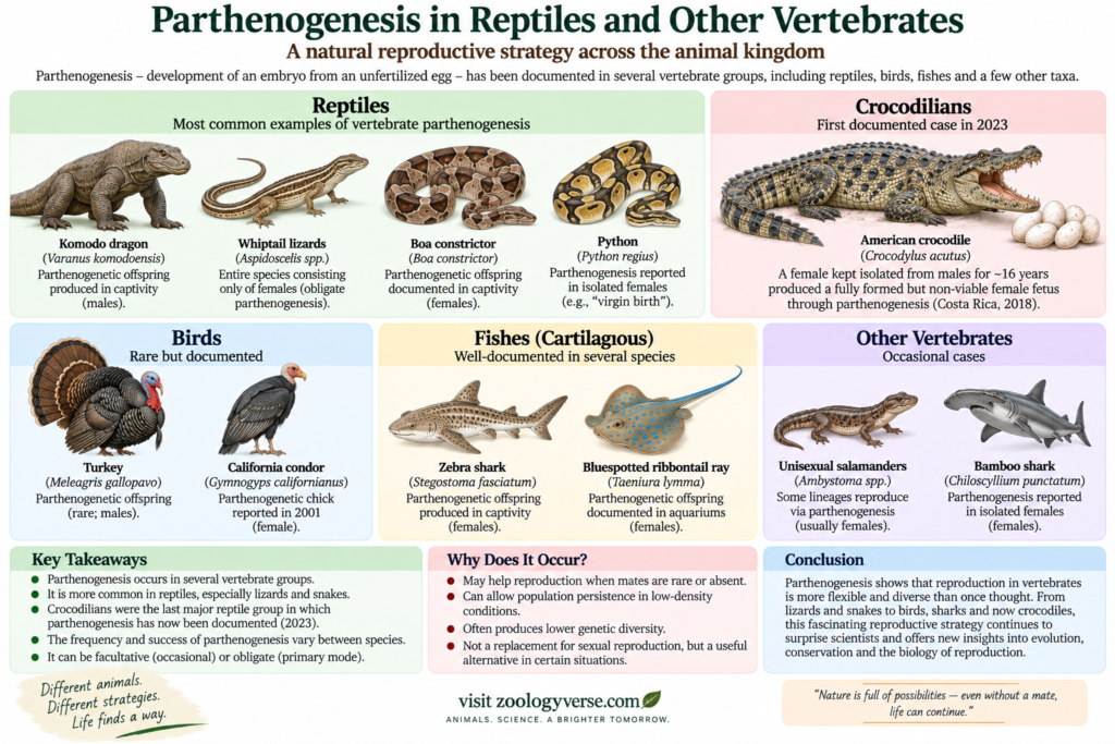 Parthenogenesis in Crocodiles: The Real Story Behind a Virgin Birth | Zoologyverse Infographic showing examples of parthenogenesis in reptiles, crocodilians, birds, sharks, rays, and other vertebrates
