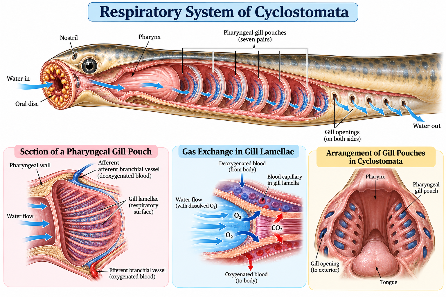 Cyclostomata: Characteristics, Classification, Examples and Features | Zoologyverse Respiratory system of Cyclostomata showing pharyngeal gill pouches, gill openings, water flow, and gas exchange
