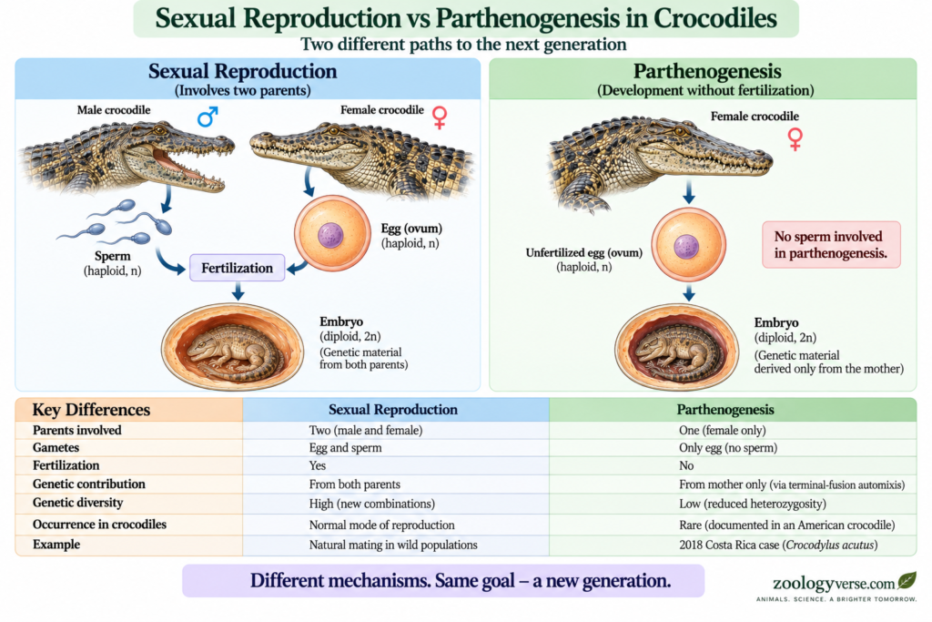 Parthenogenesis in Crocodiles: The Real Story Behind a Virgin Birth | Zoologyverse Comparison diagram showing sexual reproduction and parthenogenesis in crocodiles