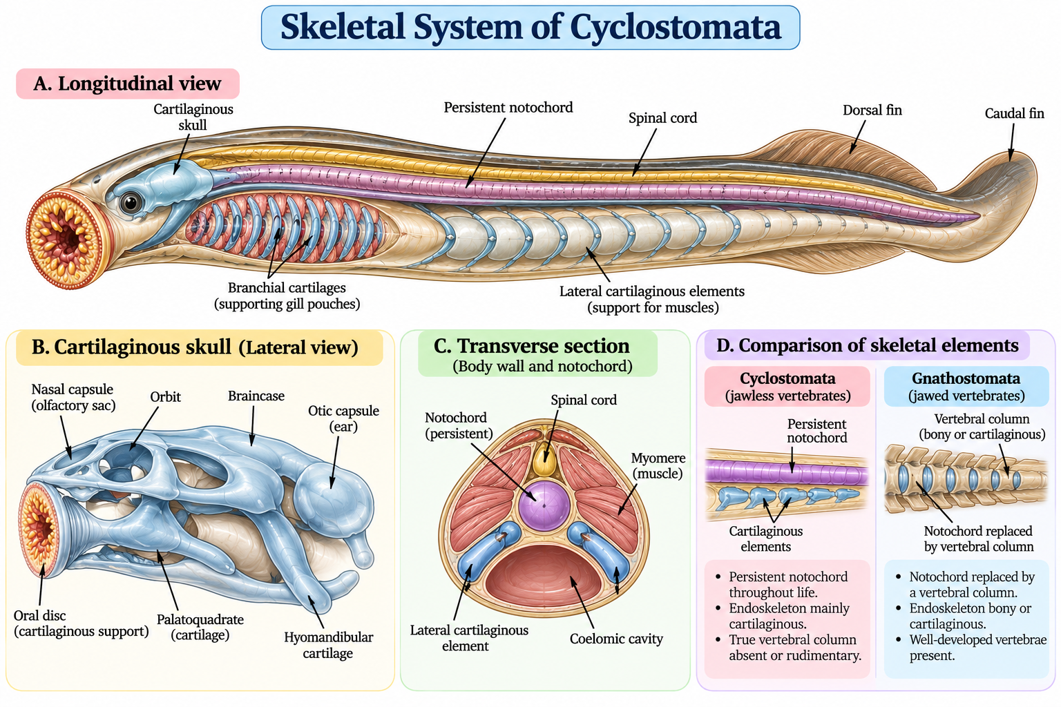 Cyclostomata: Characteristics, Classification, Examples and Features | Zoologyverse Skeletal system of Cyclostomata showing persistent notochord, cartilaginous skull, branchial cartilages, and supporting skeletal elements