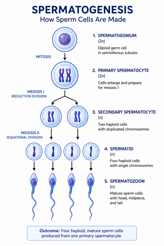 Gametogenesis Explained: Spermatogenesis vs Oogenesis (Complete Guide with Differences) | Zoologyverse Flowchart of spermatogenesis stages from spermatogonium to mature sperm