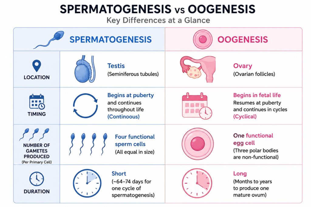 Gametogenesis Explained: Spermatogenesis vs Oogenesis (Complete Guide with Differences) | Zoologyverse Infographic comparing key differences between spermatogenesis and oogenesis