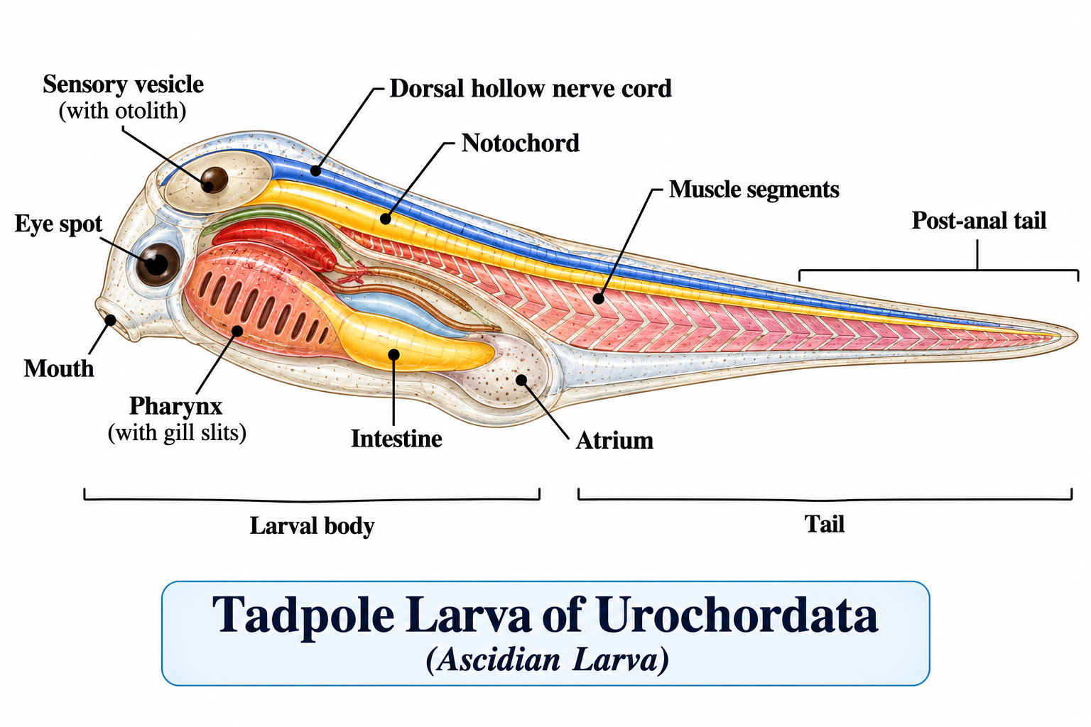 Phylum Urochordata: Characteristics, Classification & Examples | Zoologyverse Phylum Urochordata tadpole larva showing notochord, dorsal hollow nerve cord, post-anal tail, pharynx, gill slits, sensory vesicle and muscle segments