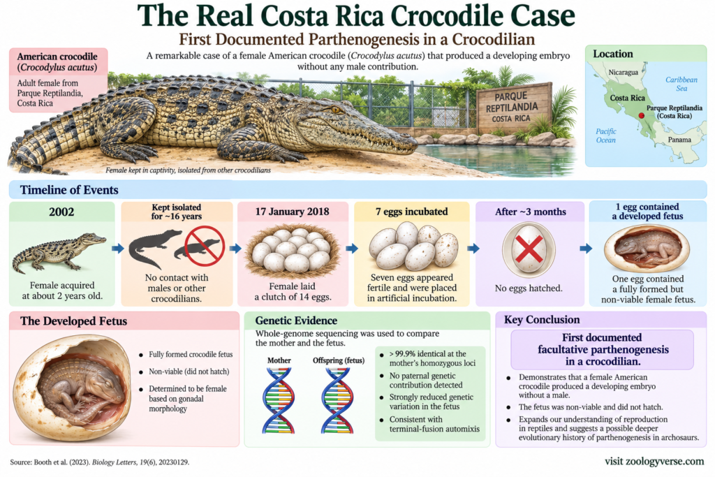 Parthenogenesis in Crocodiles: The Real Story Behind a Virgin Birth | Zoologyverse Infographic showing the 2018 Costa Rica American crocodile parthenogenesis case, including eggs, fetus, timeline, and genetic evidence