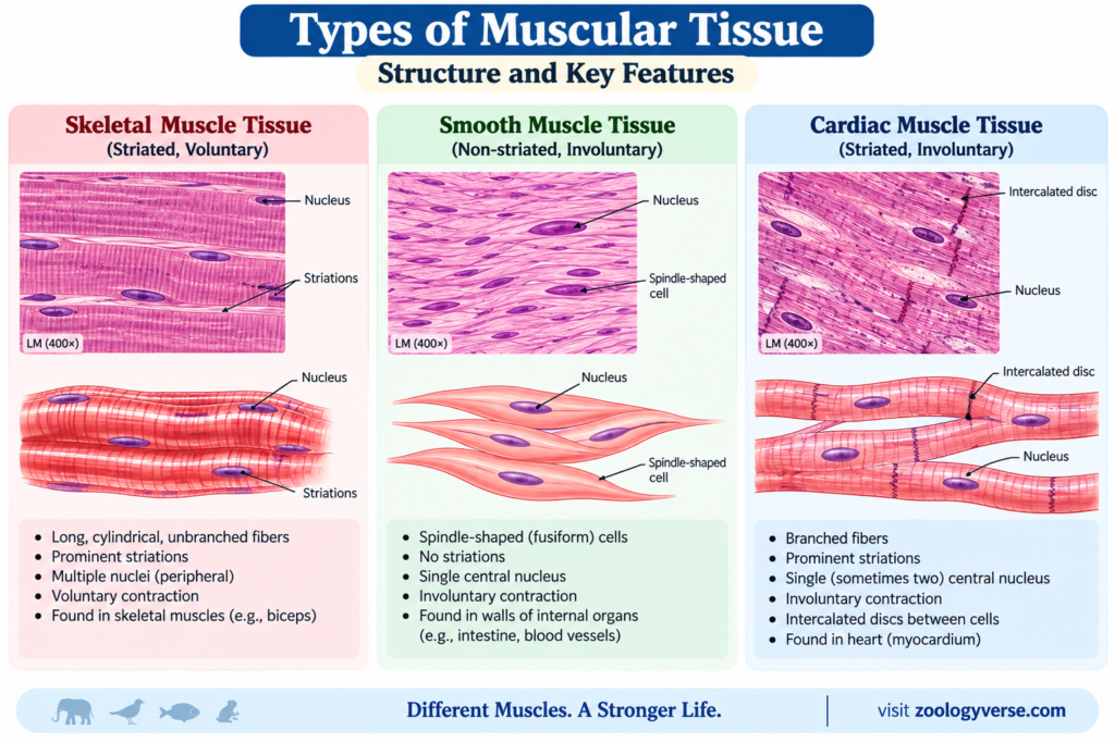 Animal Tissues: Types, Structure, Functions & Examples | Zoologyverse Animal tissues: three types of muscular tissue showing skeletal, smooth, and cardiac muscle structure