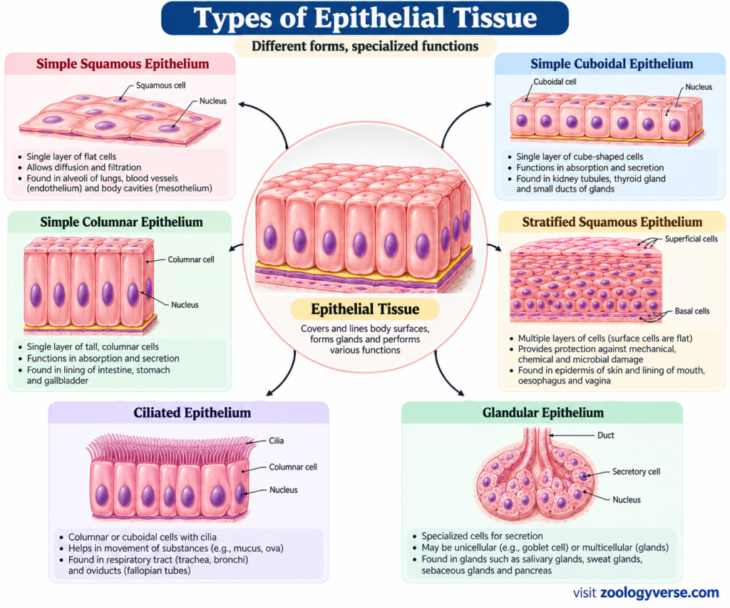 Animal Tissues: Types, Structure, Functions & Examples | Zoologyverse Types of animal tissues: epithelial tissue showing simple squamous, cuboidal, columnar, stratified squamous, ciliated, and glandular epithelium