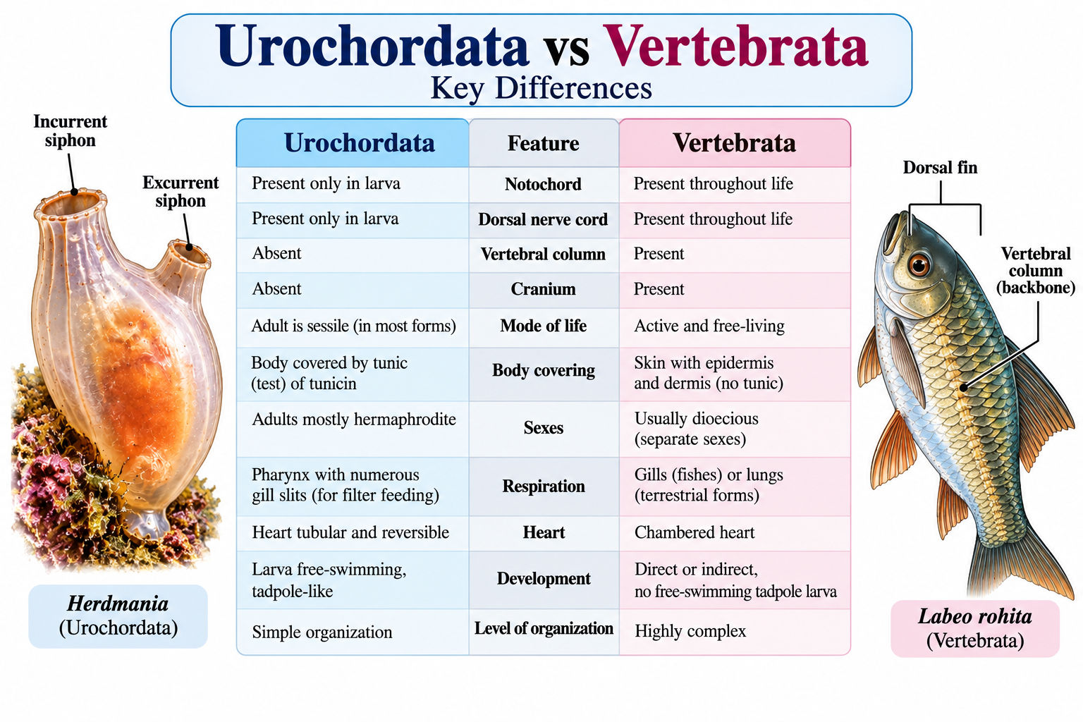 Phylum Urochordata: Characteristics, Classification & Examples | Zoologyverse Phylum Urochordata vs Vertebrata showing key differences in notochord, dorsal nerve cord, vertebral column, body covering, respiration and development