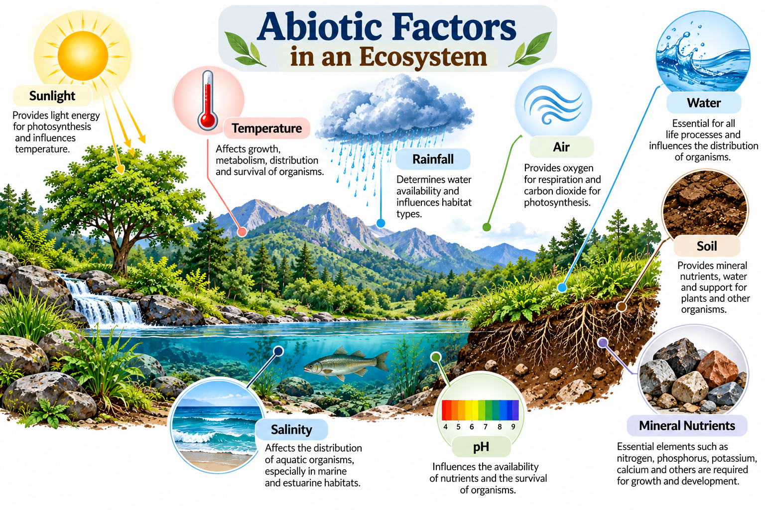 Ecological Factors: Biotic factors and Abiotic Factors | Zoologyverse Abiotic factors in an ecosystem including sunlight, temperature, rainfall, water, air, soil, and mineral nutrients