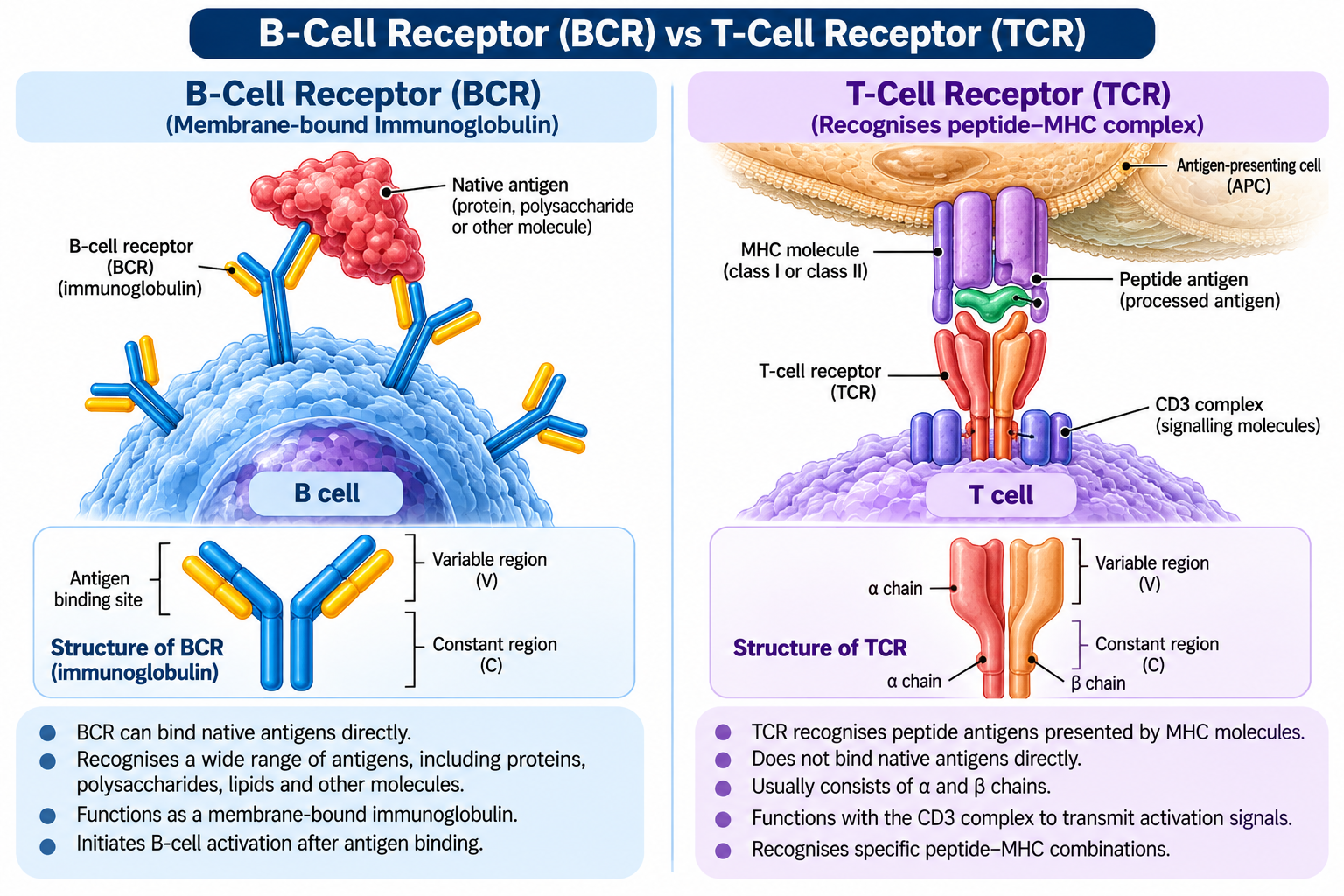 B Cells vs T Cells: Differences and Functions | Zoologyverse B Cells vs T Cells showing B-cell receptor binding to native antigens and T-cell receptor recognition of peptide–MHC complexes