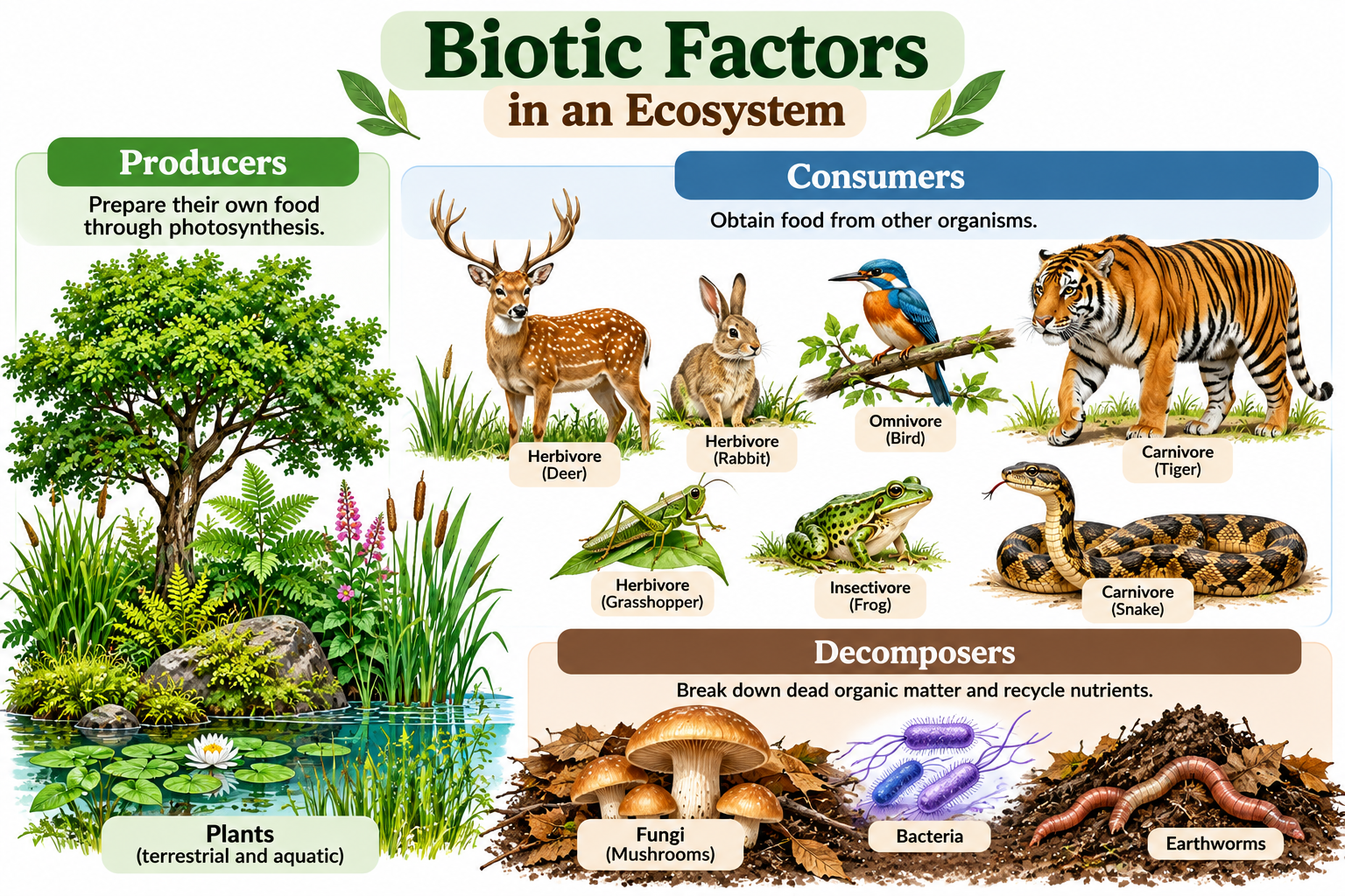 Ecological Factors: Biotic factors and Abiotic Factors | Zoologyverse Ecological Factors: Biotic factors in an ecosystem showing producers, consumers, and decomposers