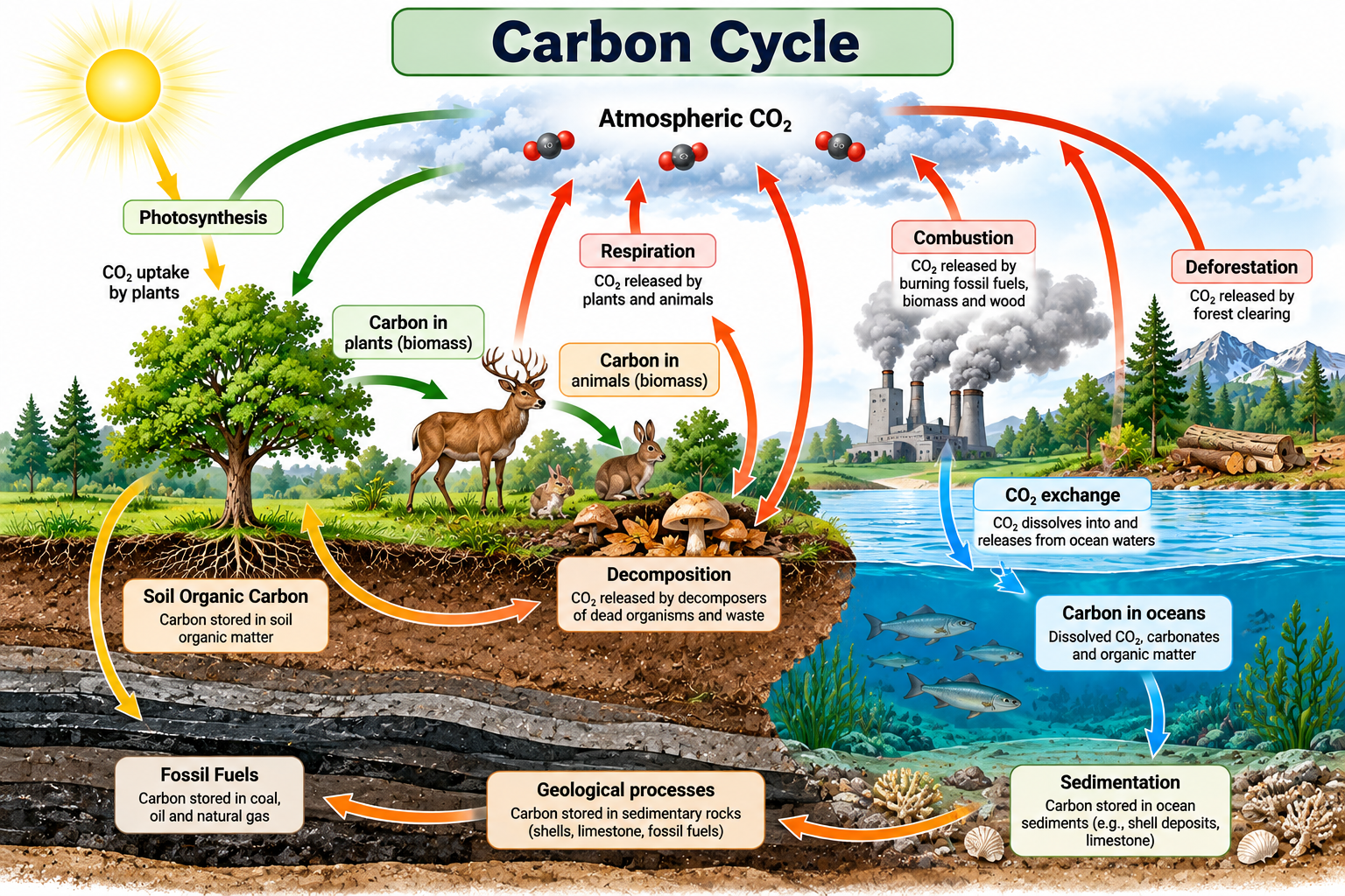 Biogeochemical Cycles: Types and Examples | Zoologyverse Carbon cycle diagram showing photosynthesis, respiration, decomposition, combustion, ocean carbon exchange, and carbon storage in soil and fossil fuels.