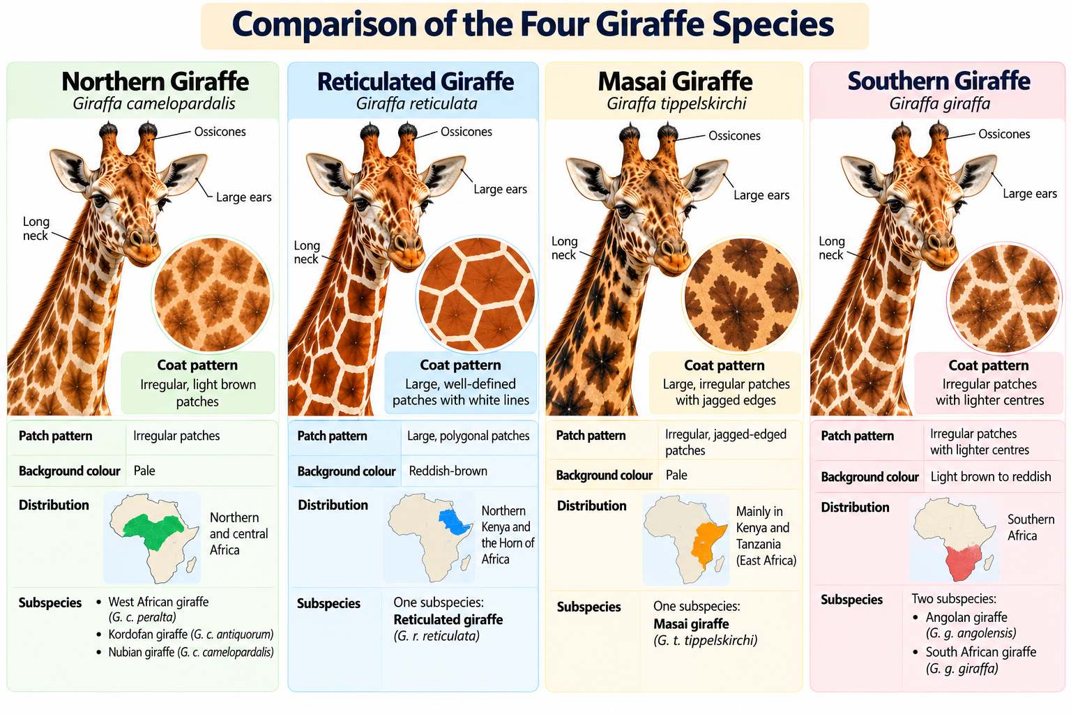 Types of Giraffe: 4 Species and 7 Subspecies Explained | Zoologyverse 4 species of giraffe: comparison of Northern, Reticulated, Masai, and Southern giraffes