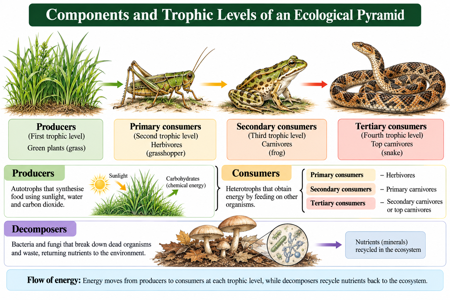 Ecological Pyramids: Types and Examples | Zoologyverse Ecological Pyramids: Types and Examples- Ecological trophic levels showing grass producers, grasshopper primary consumers, frog secondary consumers, snake tertiary consumers, and decomposers