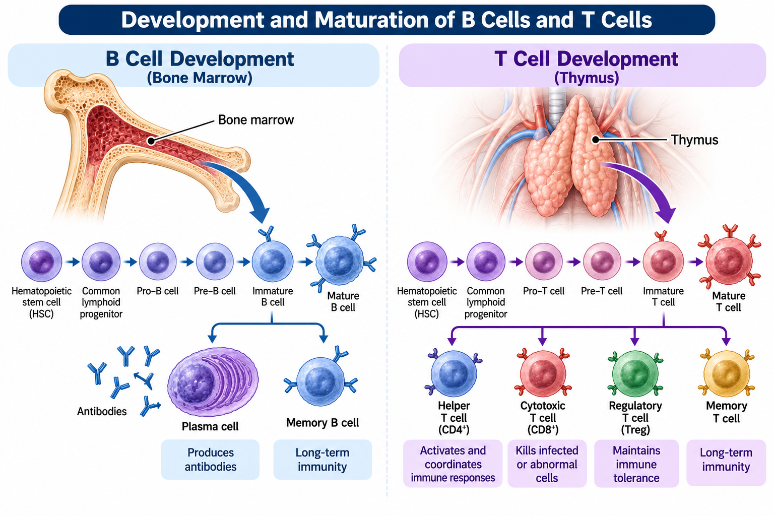 B Cells vs T Cells: Differences and Functions | Zoologyverse B Cells vs T Cells development showing B-cell maturation in bone marrow and T-cell maturation in thymus