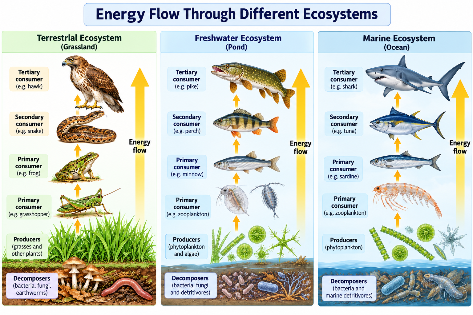 Energy Flow in an Ecosystem: Steps and 10% Law | Zoologyverse Energy flow through terrestrial, freshwater, and marine ecosystems showing producers, consumers, and decomposers.