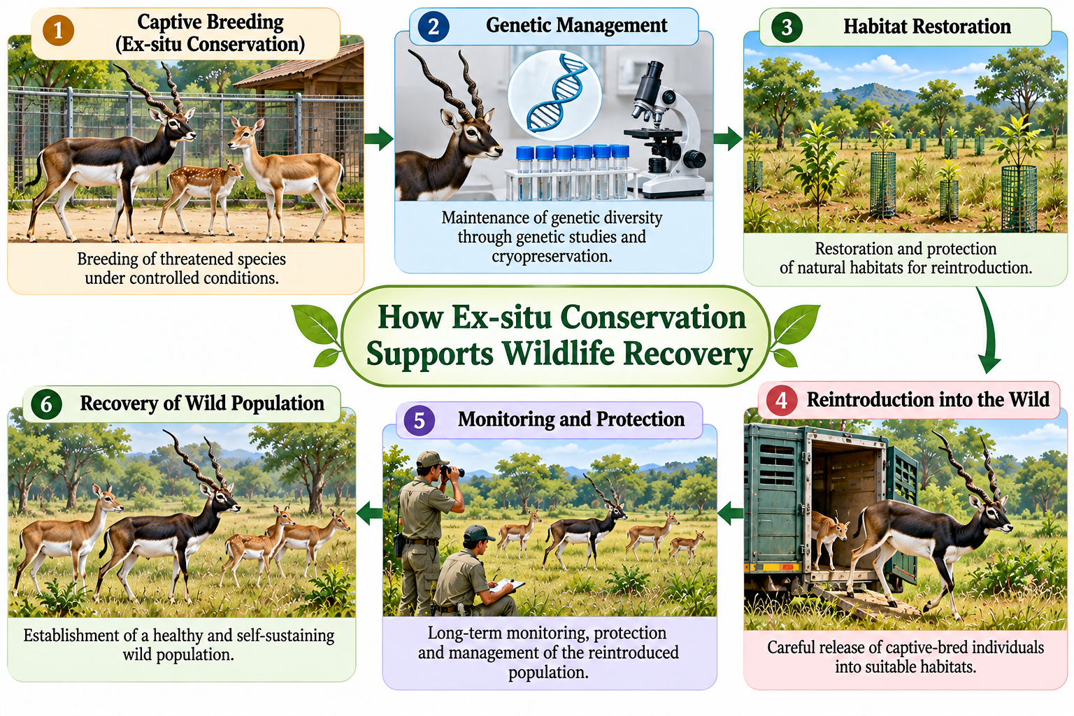 In-situ Conservation and Ex-situ Conservation | Zoologyverse In-situ Conservation and Ex-situ Conservation infographic showing captive breeding, genetic management, habitat restoration, wildlife reintroduction, monitoring, and population recovery.