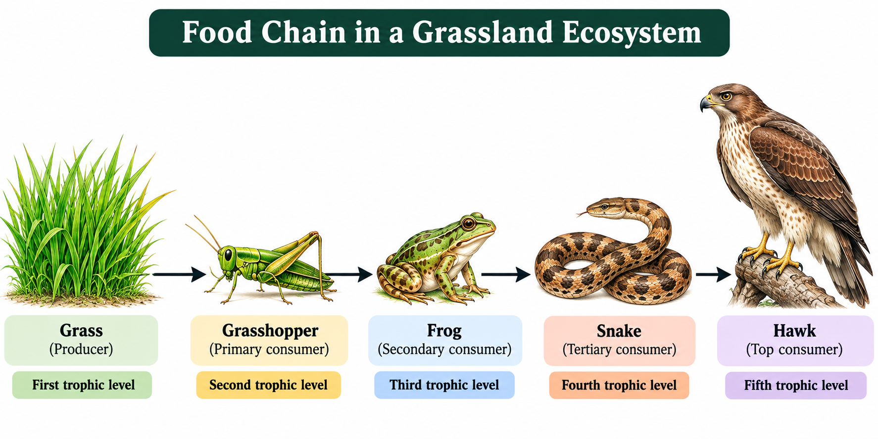 Food Chain vs Food Web: Differences and Examples | Zoologyverse Grassland food chain showing grass, grasshopper, frog, snake and hawk across five trophic levels.