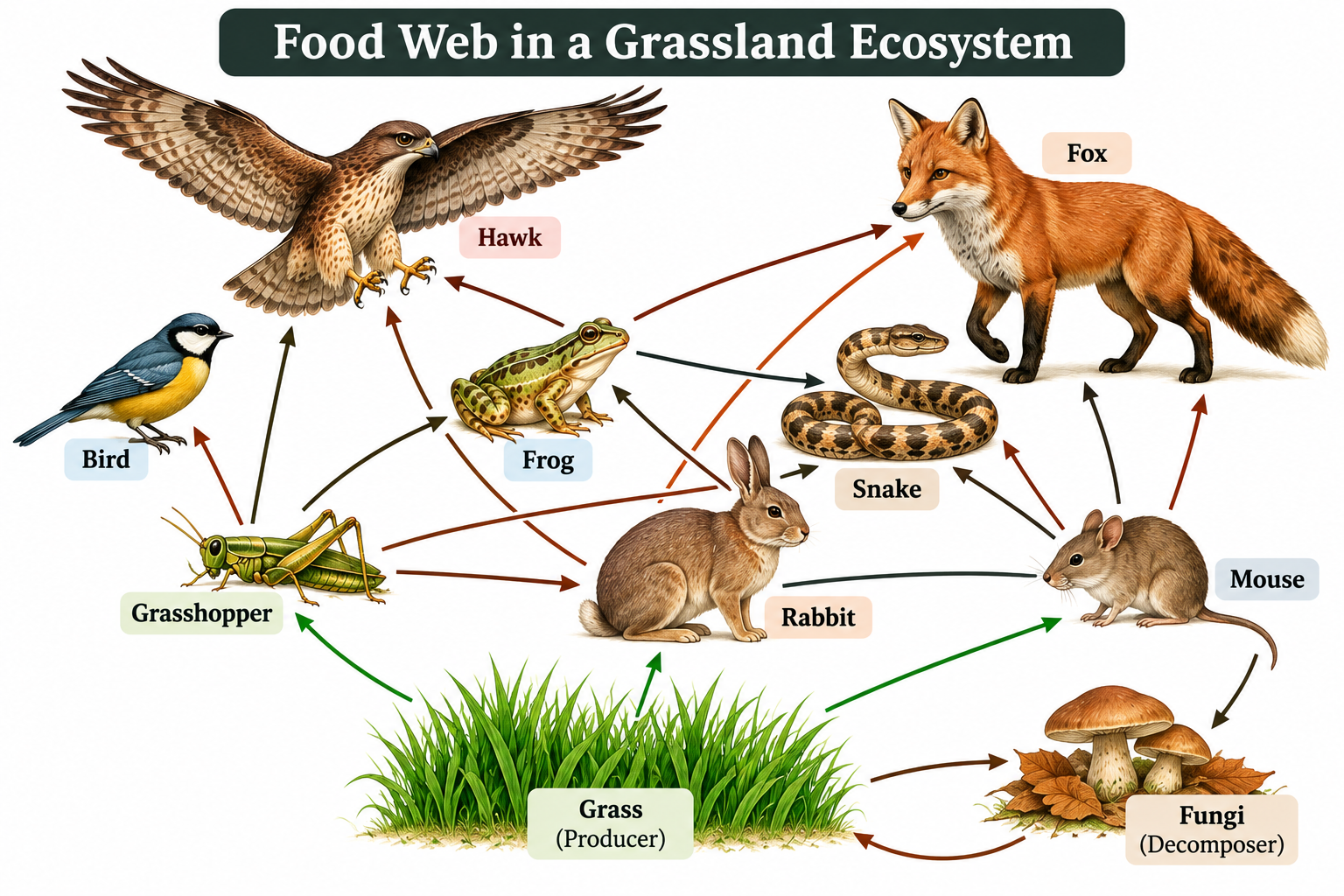 Food Chain vs Food Web: Differences and Examples | Zoologyverse Grassland food web showing grass, grasshopper, rabbit, mouse, frog, snake, bird, hawk, fox and decomposer fungi.