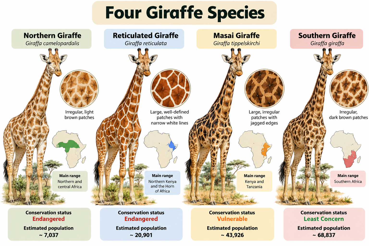 Types of Giraffe: 4 Species and 7 Subspecies Explained | Zoologyverse Four giraffe species showing Northern, Reticulated, Masai, and Southern giraffes