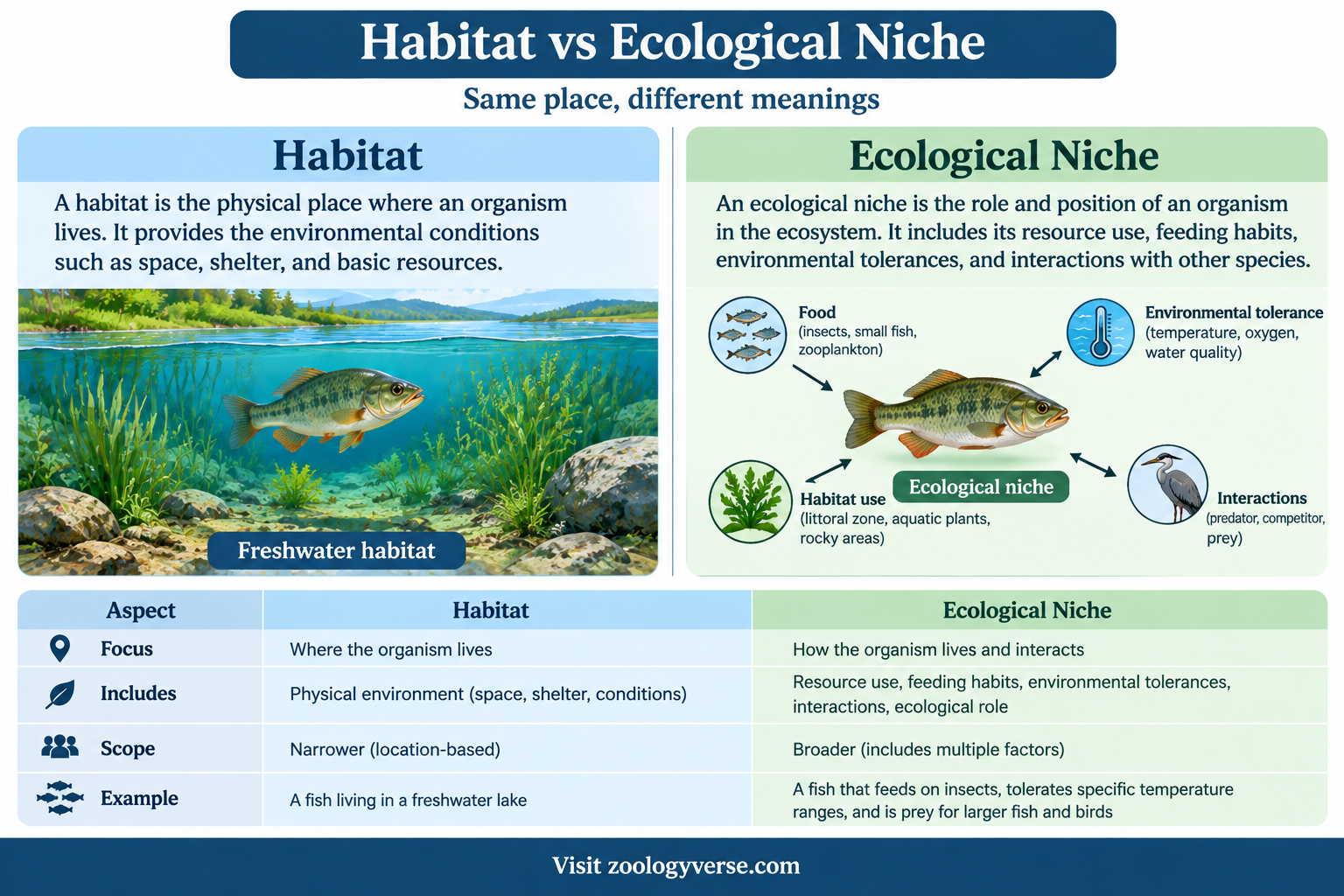 Ecological Niche: Definition, Types and Examples | Zoologyverse Ecological Niche compared with habitat using a frog in a pond to illustrate its food sources, environmental needs, and ecological role.