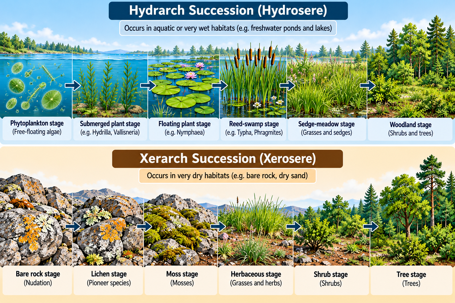 Ecological Succession: Types, Stages and Examples | Zoologyverse Stages of ecological succession in hydrarch and xerarch succession, from aquatic plants or bare rock to later vegetation communities.