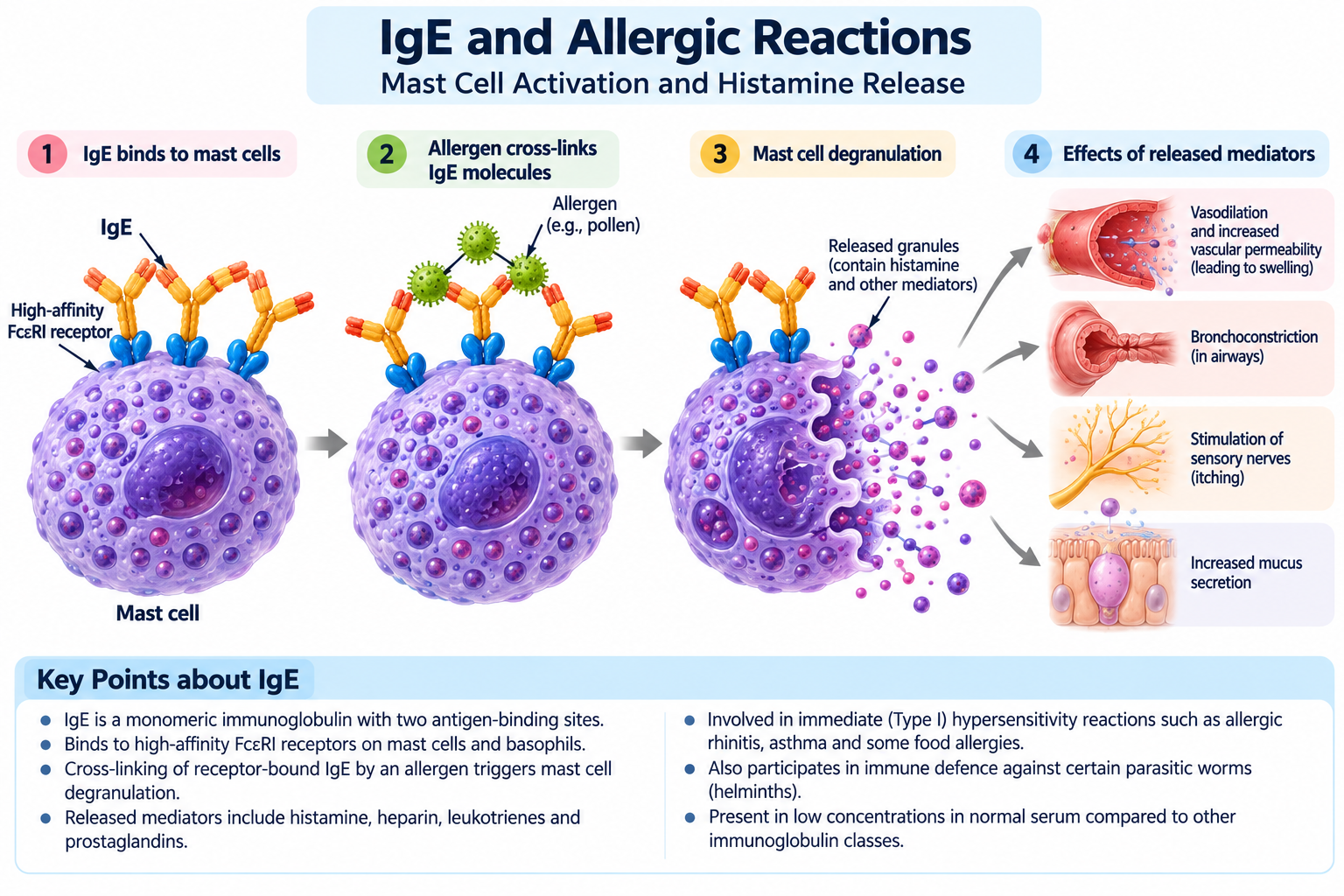 Types of Immunoglobulins: IgG, IgM, IgA, IgE, IgD | Zoologyverse IgE-mediated allergic reaction showing allergen cross-linking of IgE on mast cells, degranulation and histamine release