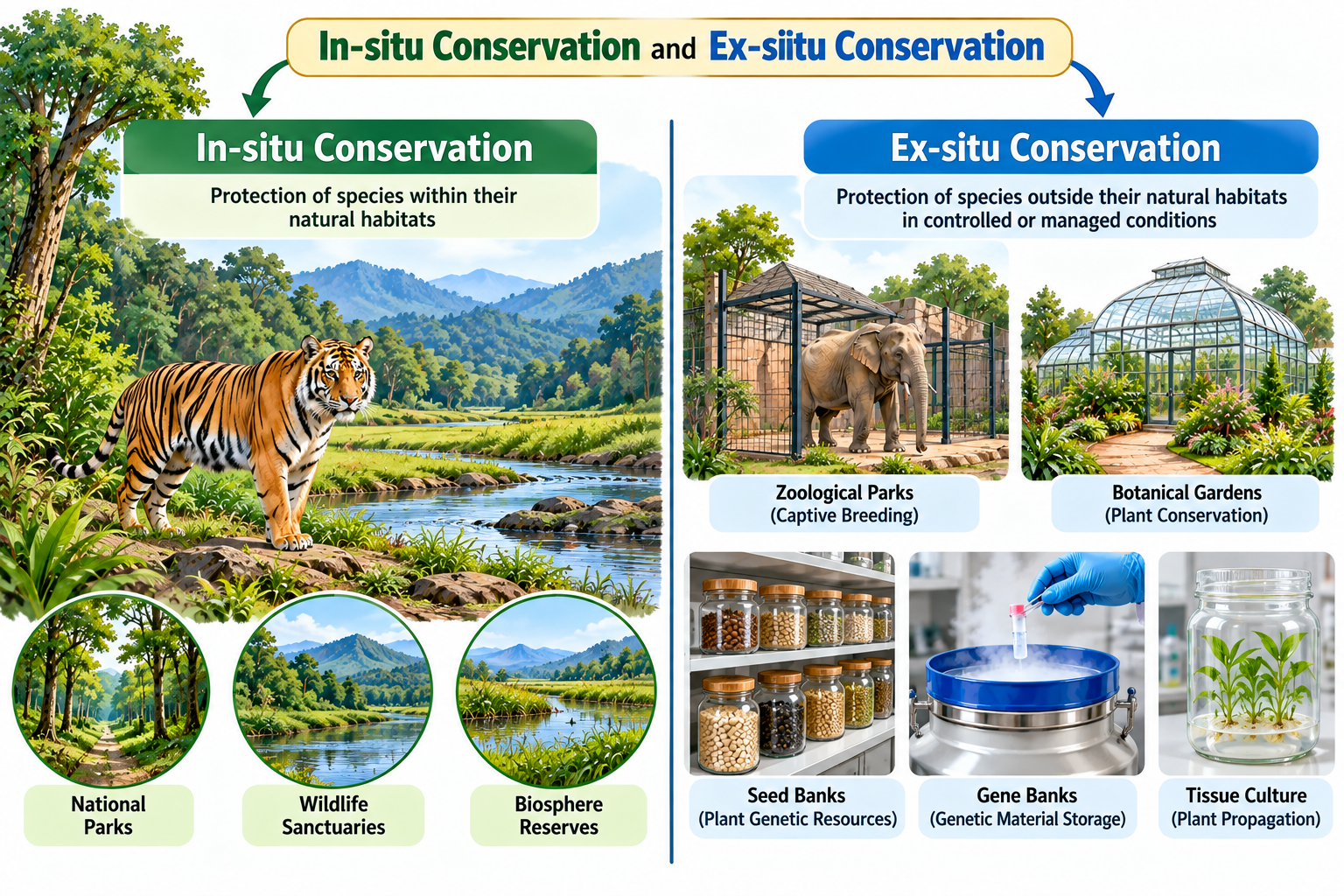 In-situ Conservation and Ex-situ Conservation | Zoologyverse In-situ Conservation and Ex-situ Conservation diagram comparing in-situ and ex-situ methods, from natural habitat protection to zoos, botanical gardens, seed banks, gene banks, and tissue culture.