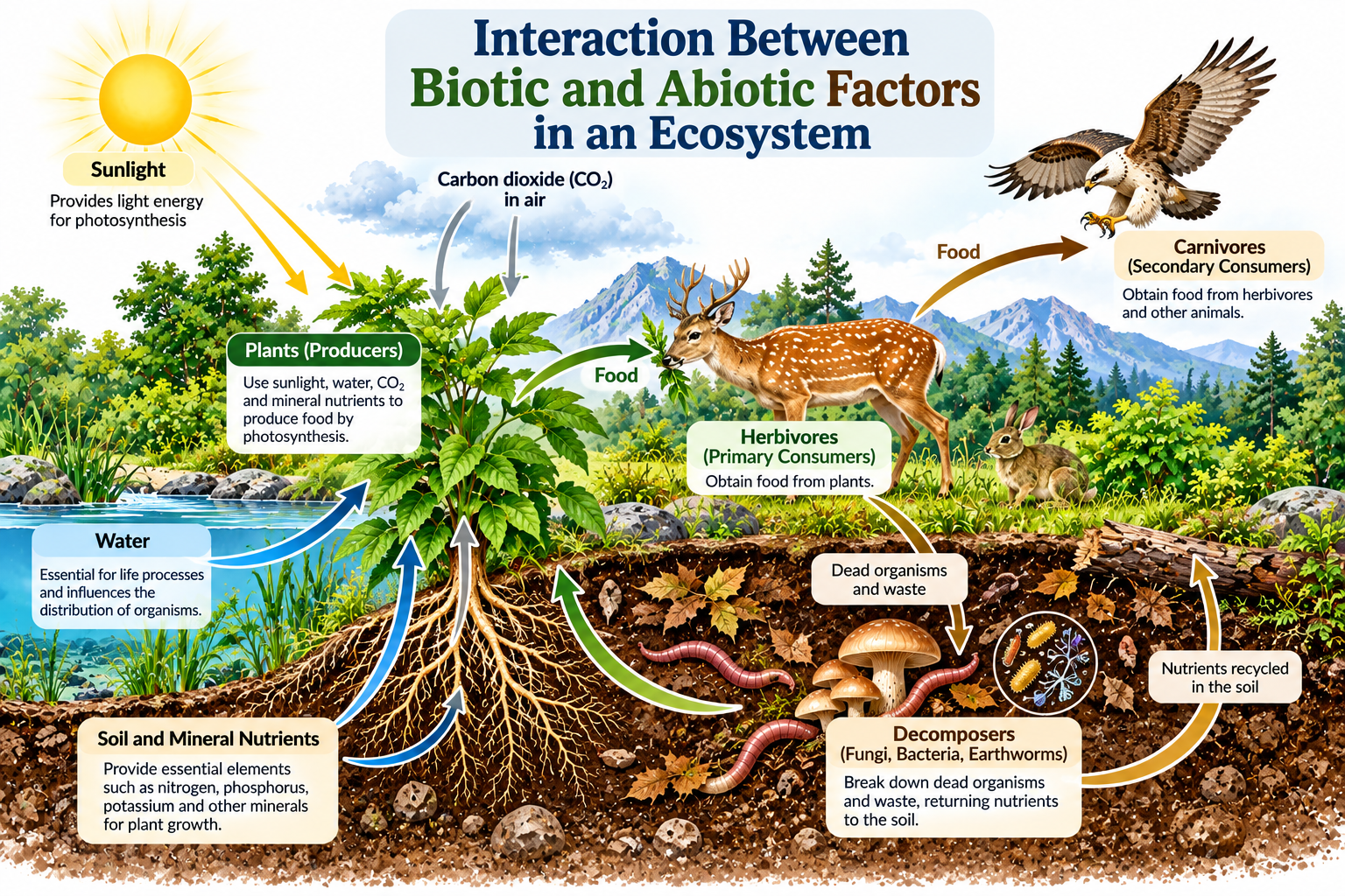 Ecological Factors: Biotic factors and Abiotic Factors | Zoologyverse Ecological Factors: Interaction between biotic and abiotic factors showing plants, animals, sunlight, water, soil nutrients, and decomposers