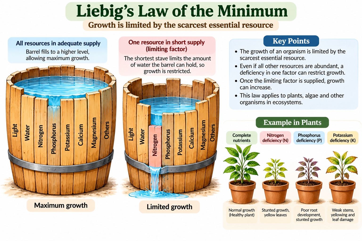 Ecological Factors: Biotic factors and Abiotic Factors | Zoologyverse Liebig’s Law of the Minimum showing how a shortage of nitrogen or another essential resource limits plant growth