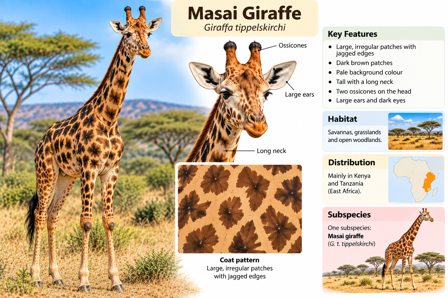 Types of Giraffe: 4 Species and 7 Subspecies Explained | Zoologyverse Types of giraffe: Masai giraffe showing its irregular jagged-edged coat pattern