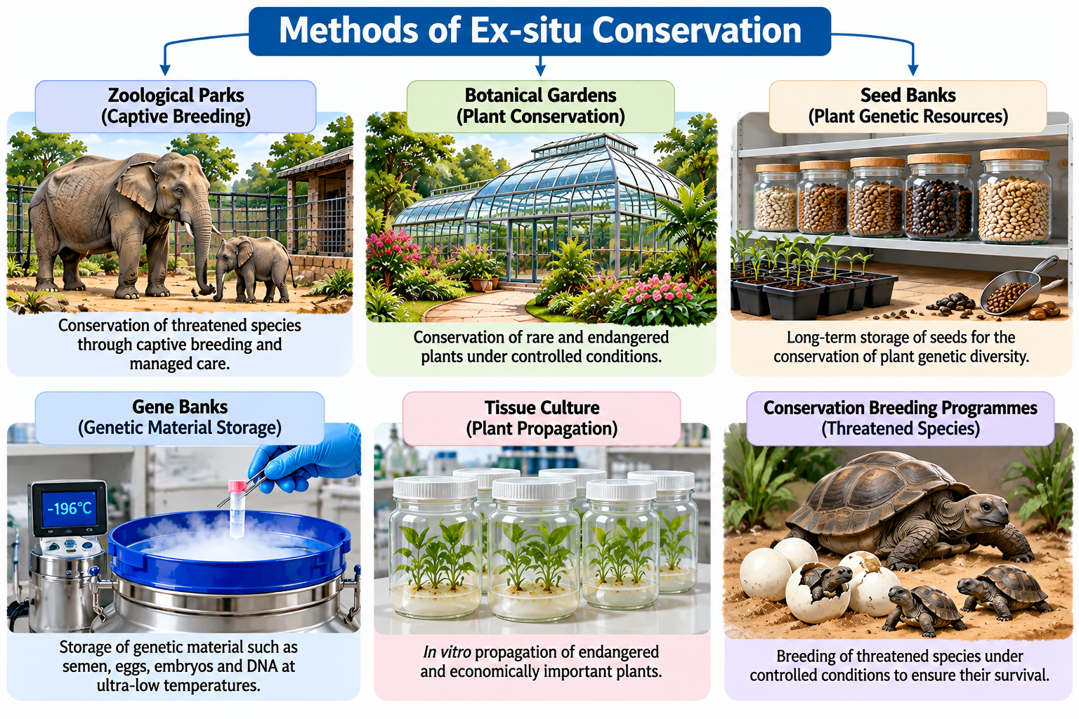 In-situ Conservation and Ex-situ Conservation | Zoologyverse In-situ Conservation and Ex-situ Conservation article illustration showing ex-situ methods including zoological parks, botanical gardens, seed banks, gene banks, tissue culture, and conservation breeding programmes.