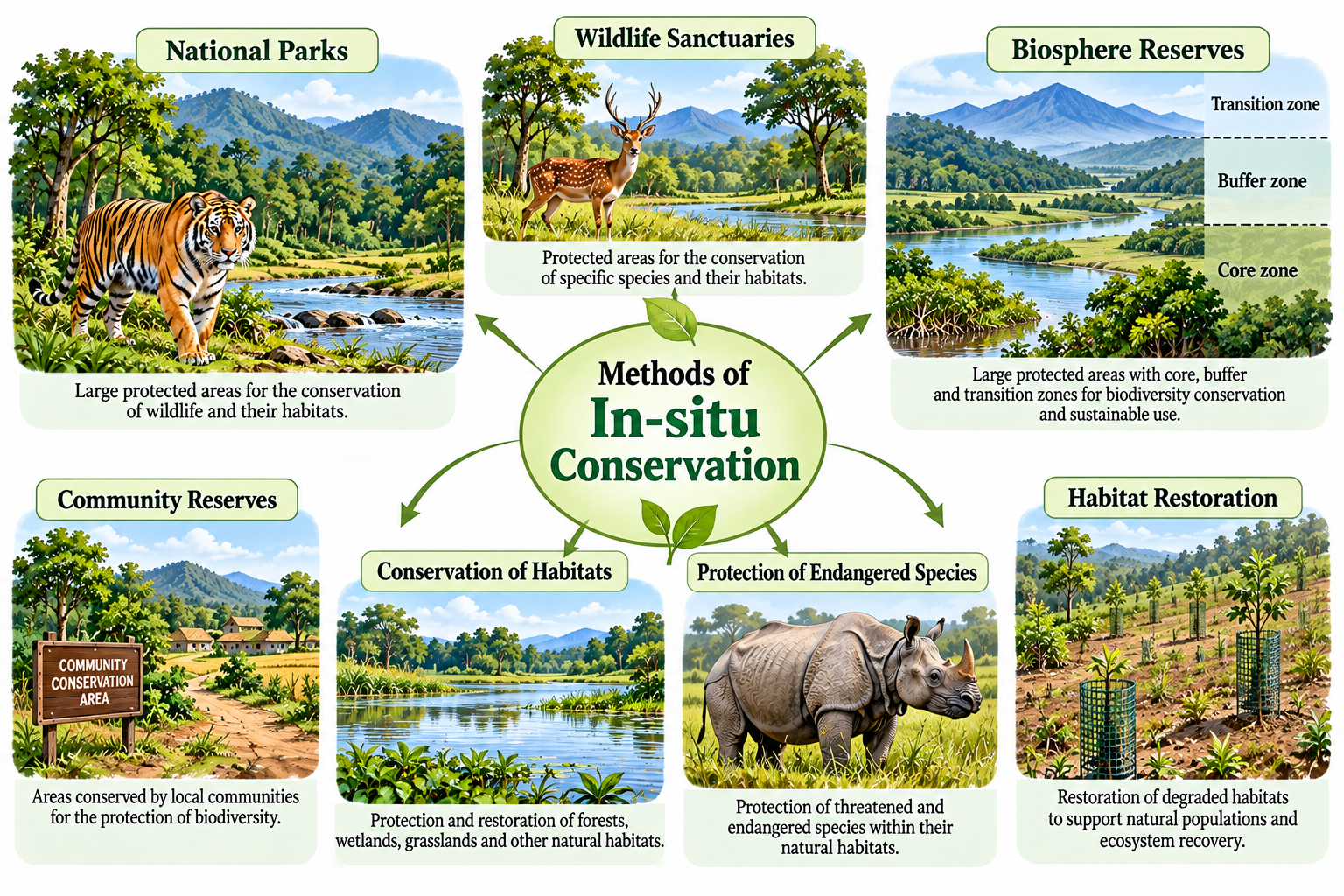 In-situ Conservation and Ex-situ Conservation | Zoologyverse In-situ Conservation and Ex-situ Conservation illustration of in-situ and ex-situ methods, showing in-situ methods including national parks, wildlife sanctuaries, biosphere reserves, community reserves, and habitat restoration.