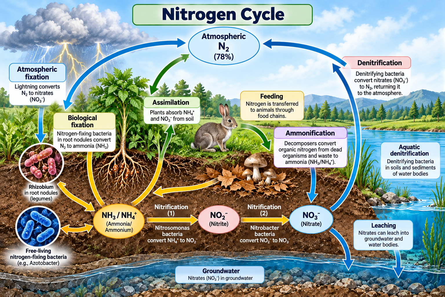 Biogeochemical Cycles: Types and Examples | Zoologyverse Nitrogen cycle diagram showing nitrogen fixation, assimilation, feeding, ammonification, nitrification, and denitrification.