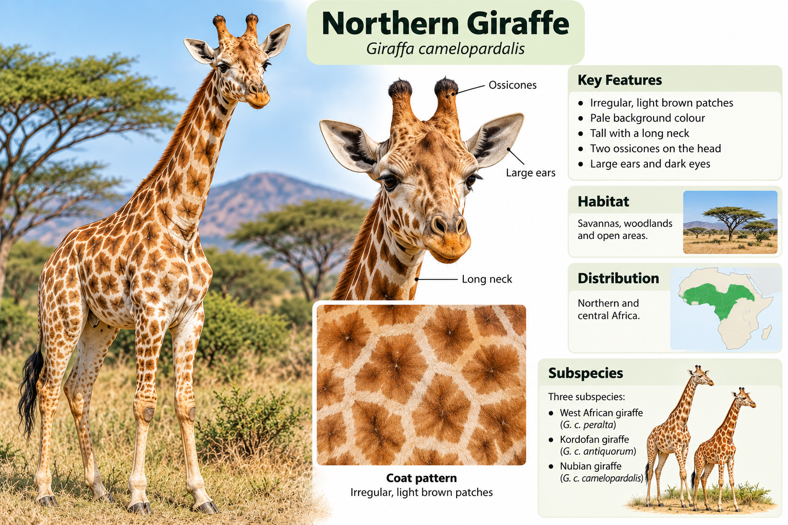 Types of Giraffe: 4 Species and 7 Subspecies Explained | Zoologyverse types of giraffe - Northern giraffe showing its characteristic coat pattern