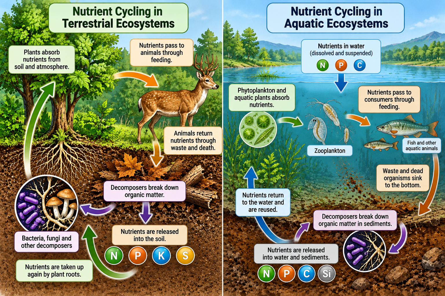 Nutrient Cycling in Ecosystems: Types and Importance | Zoologyverse Comparison of nutrient cycling in terrestrial and aquatic ecosystems showing plants, animals, decomposers, soil, water, and nutrient recycling.