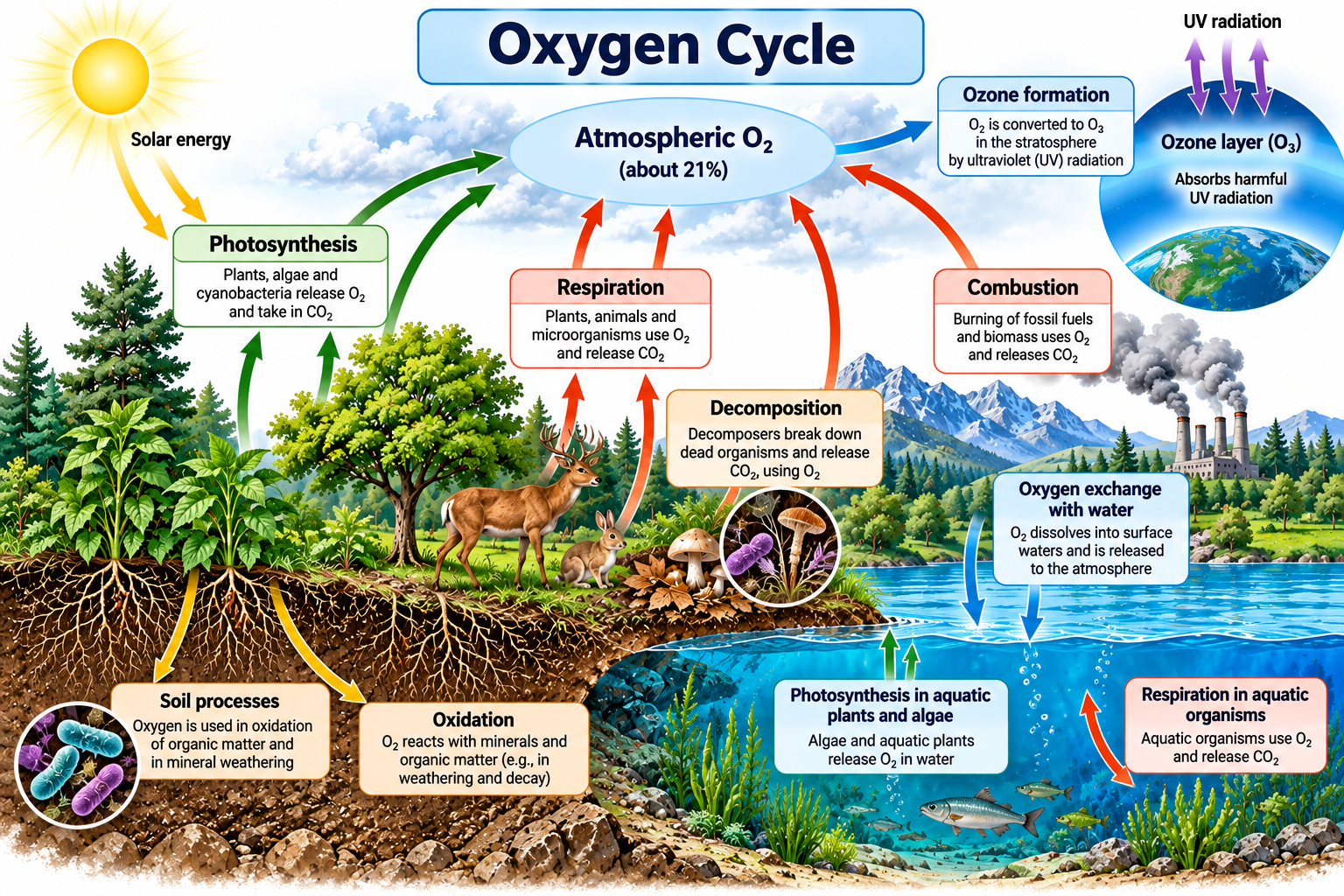 Biogeochemical Cycles: Types and Examples | Zoologyverse Oxygen cycle diagram showing photosynthesis, respiration, decomposition, combustion, oxidation, and oxygen exchange between air and water.