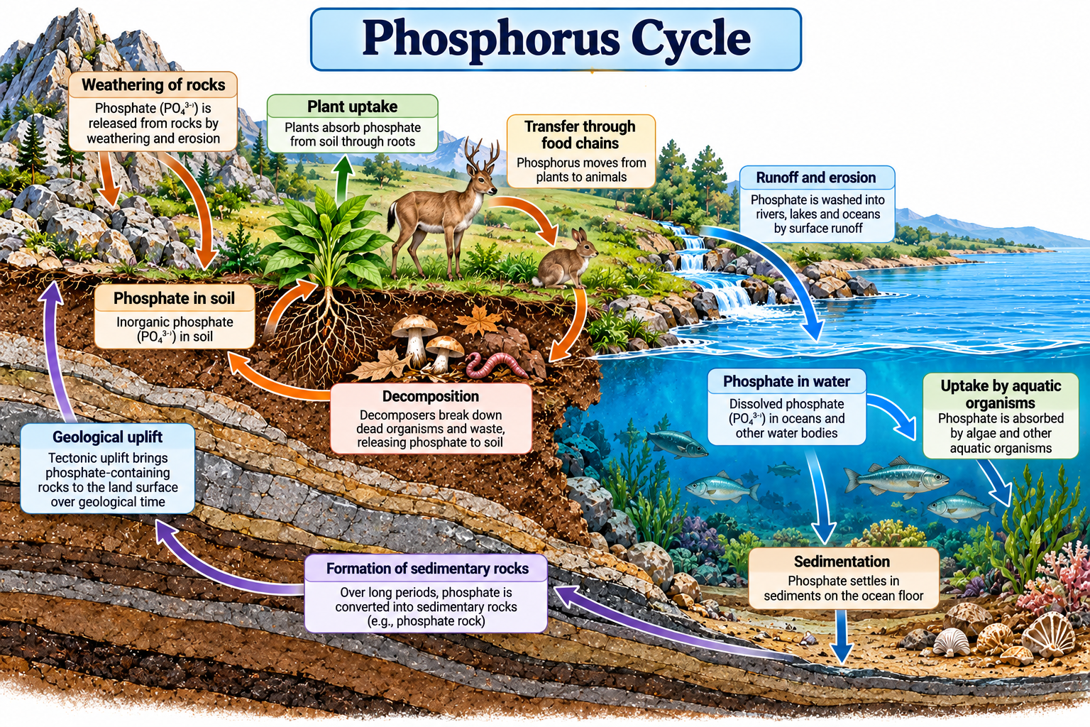 Biogeochemical Cycles: Types and Examples | Zoologyverse Phosphorus cycle diagram showing rock weathering, phosphate uptake by plants, food-chain transfer, decomposition, runoff, sedimentation, and geological uplift.
