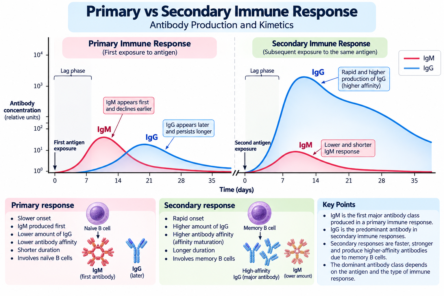 Types of Immunoglobulins: IgG, IgM, IgA, IgE, IgD | Zoologyverse Graph comparing primary and secondary immune responses showing IgM and IgG antibody levels, response time and memory B-cell activity