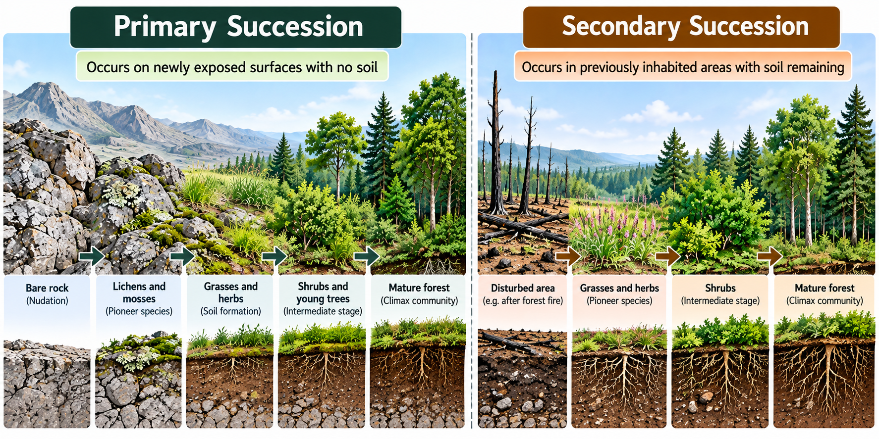 Ecological Succession: Types, Stages and Examples | Zoologyverse Types of ecological succession: primary succession on bare rock compared with secondary succession after a forest fire where soil remains.
