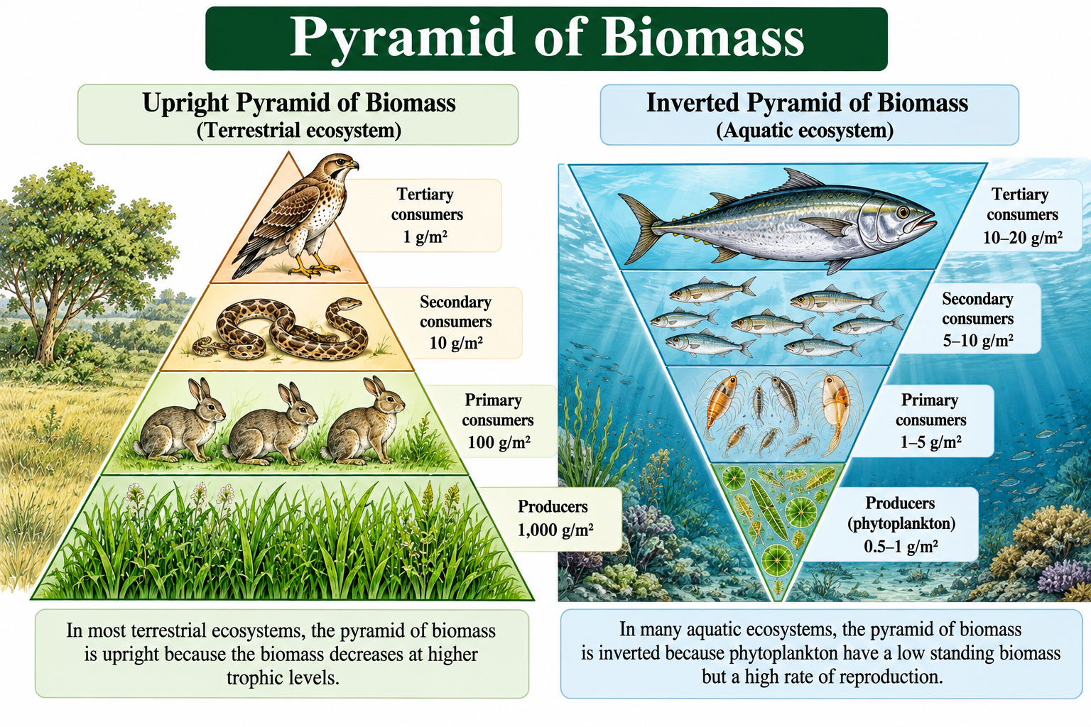 Ecological Pyramids: Types and Examples | Zoologyverse Hand-drawn pyramid of biomass comparing terrestrial and aquatic ecosystems with producers and consumers