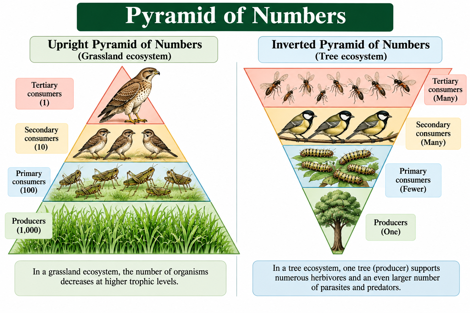 Ecological Pyramids: Types and Examples | Zoologyverse Hand-drawn diagram comparing upright and inverted pyramids of numbers in grassland and tree ecosystems
