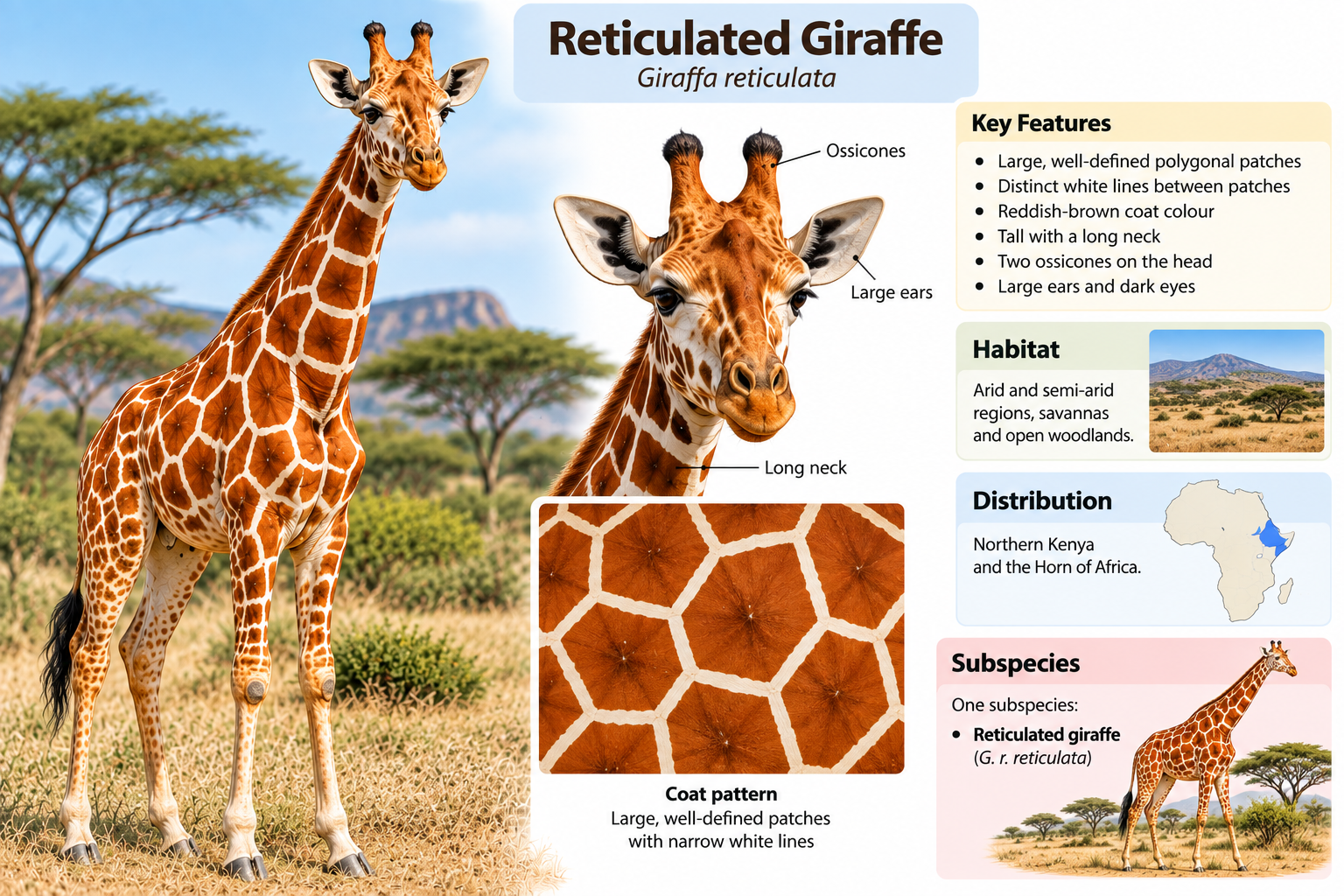 Types of Giraffe: 4 Species and 7 Subspecies Explained | Zoologyverse Types of giraffe: Reticulated giraffe showing its characteristic coat pattern