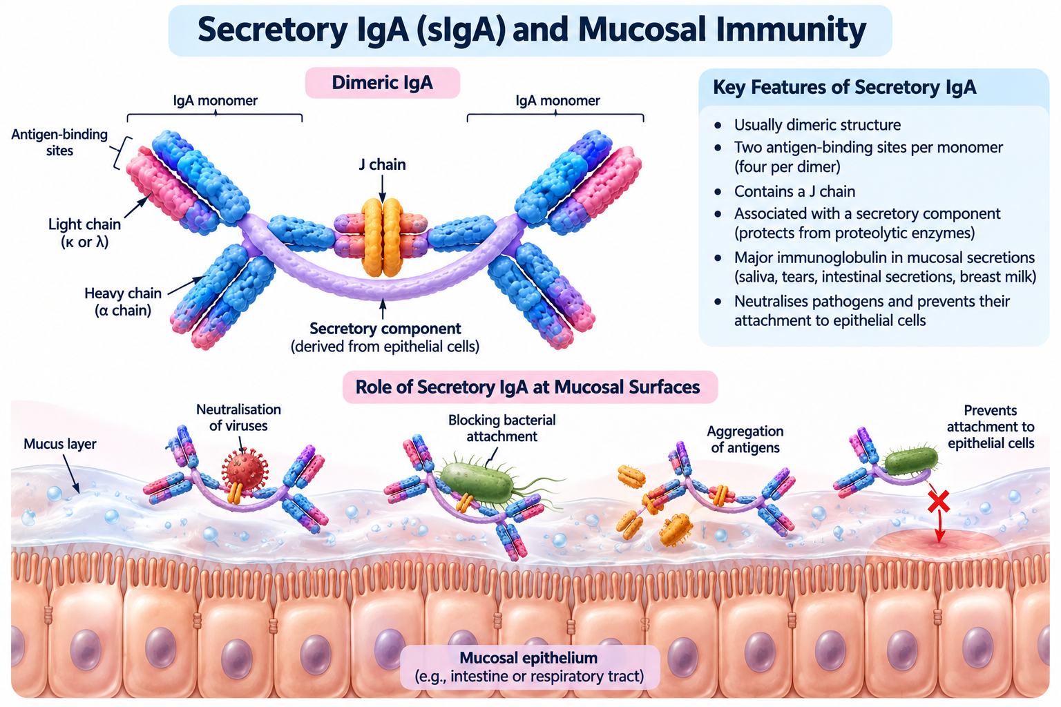 Types of Immunoglobulins: IgG, IgM, IgA, IgE, IgD | Zoologyverse Secretory IgA diagram showing the dimeric antibody, J chain, secretory component and protection of mucosal epithelial surfaces