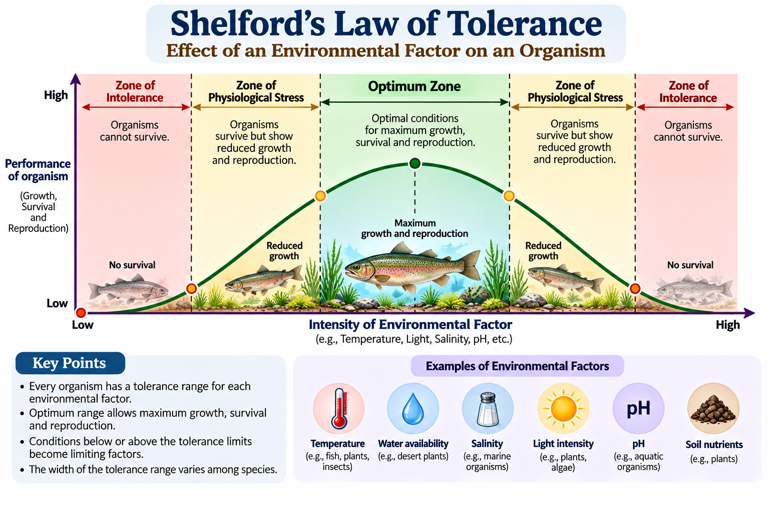 Ecological Factors: Biotic factors and Abiotic Factors | Zoologyverse Ecological Factors: Shelford’s Law of Tolerance graph showing zones of intolerance, physiological stress, and optimum conditions