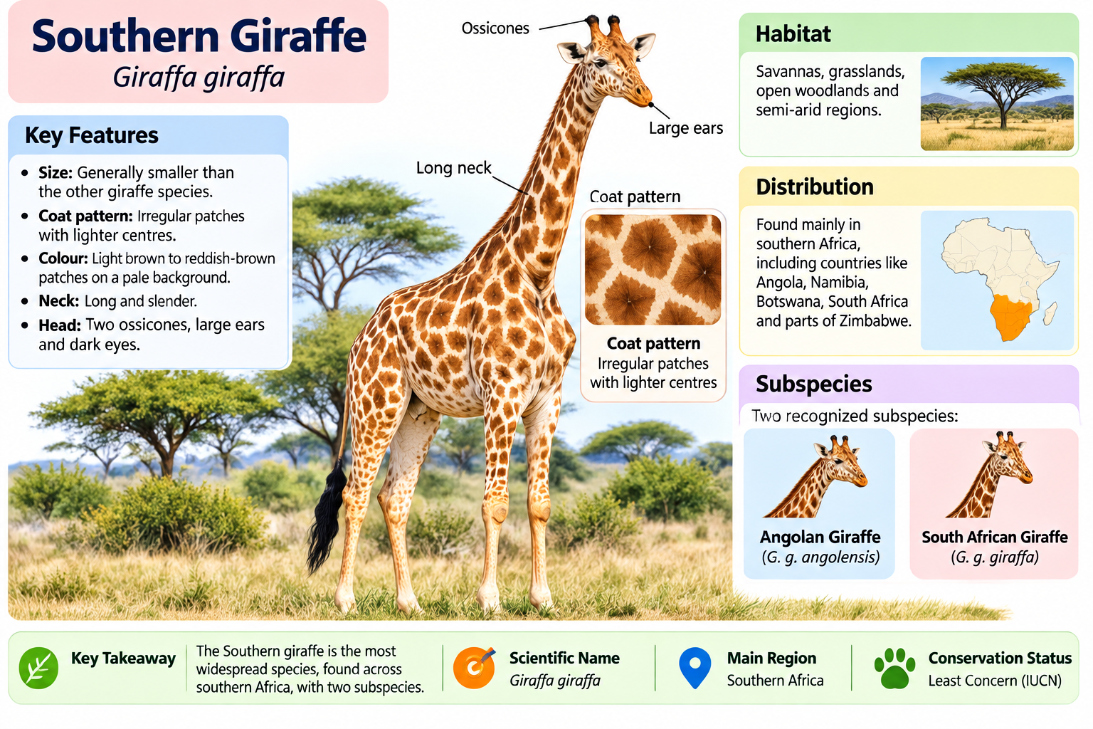 Types of Giraffe: 4 Species and 7 Subspecies Explained | Zoologyverse Giraffe species: Southern giraffe showing its characteristic coat pattern
