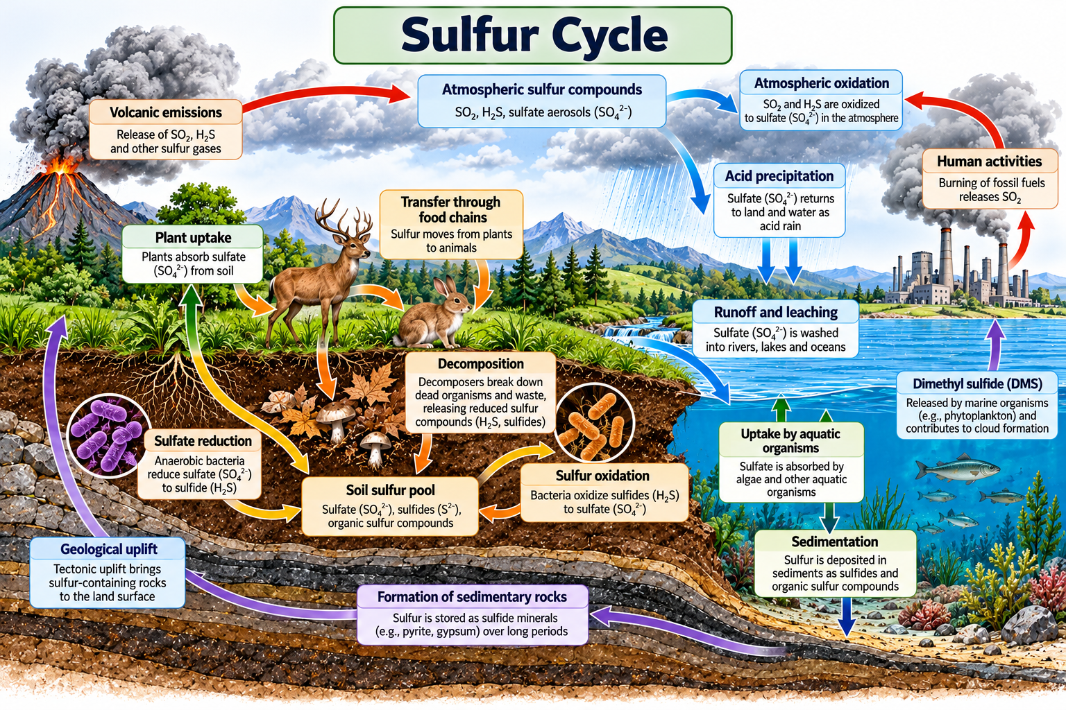 Biogeochemical Cycles: Types and Examples | Zoologyverse Sulfur cycle diagram showing volcanic emissions, atmospheric oxidation, acid precipitation, plant uptake, decomposition, microbial sulfur transformations, and sedimentation.