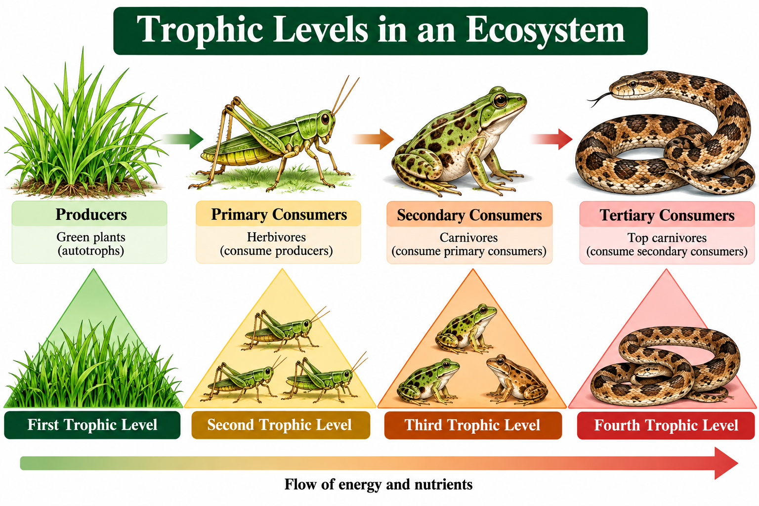 Ecological Pyramids: Types and Examples | Zoologyverse Ecological trophic levels showing grass as producers, grasshopper as primary consumer, frog as secondary consumer, and snake as tertiary consumer