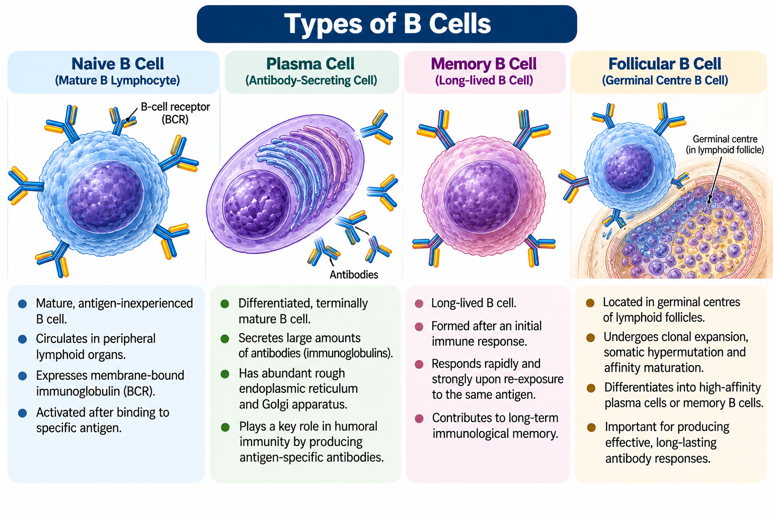 B Cells vs T Cells: Differences and Functions | Zoologyverse B Cells vs T Cells article illustration showing naïve B cells, plasma cells, memory B cells, and follicular B cells